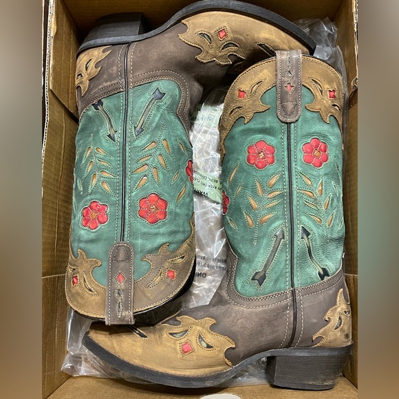 LAREDO Womens Tan Brown Teal Flower Cut Out Leather Western Cowgirl Boots Sz 6.5 - Picture 13 of 15